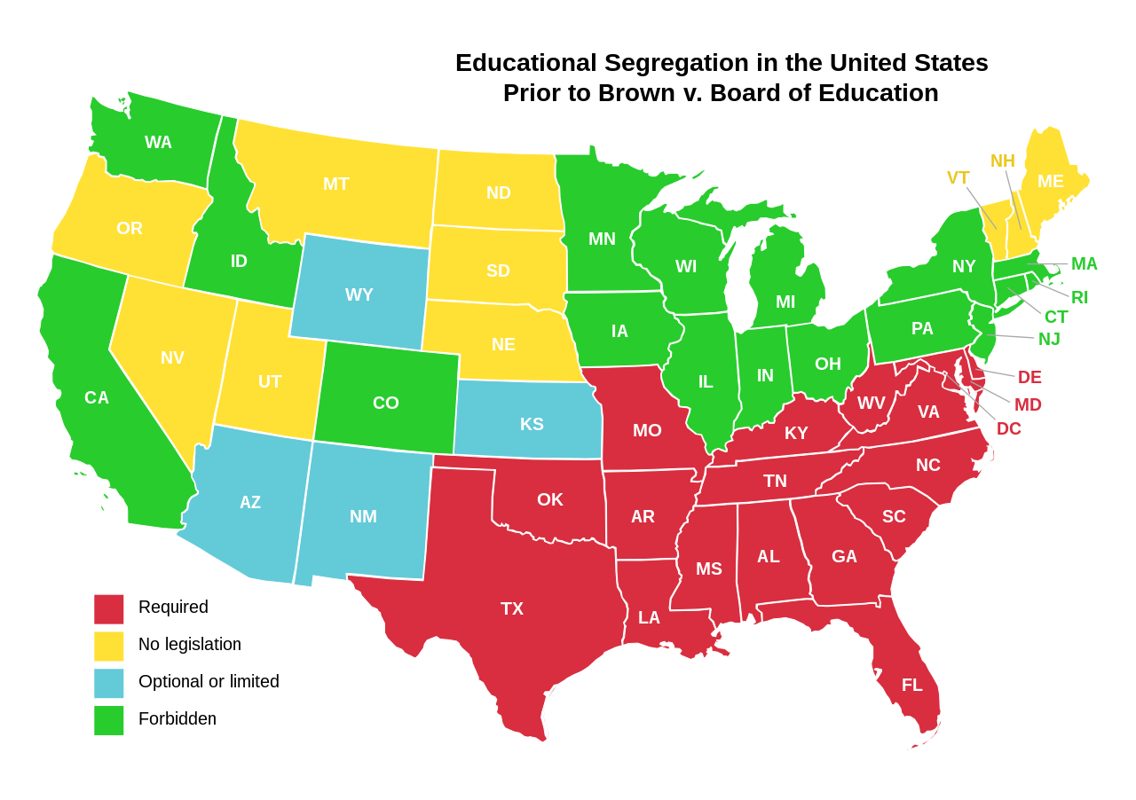 Educational separation in the US prior to Brown Map